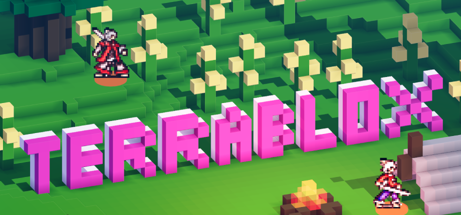 Terrablox logo over a voxel forest scene with pixel-art character standees