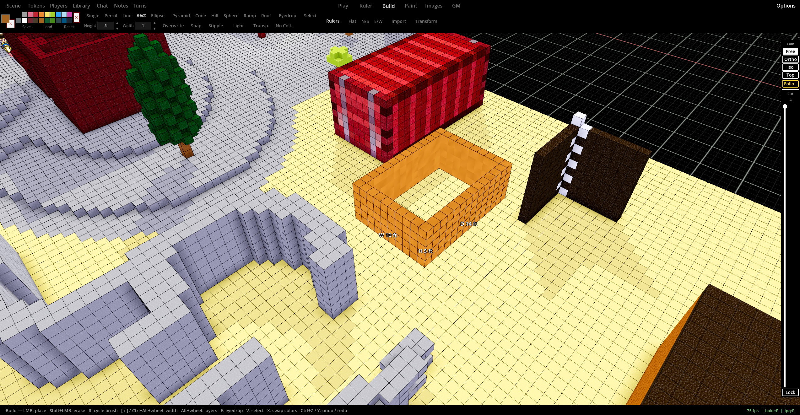 Build mode: painting rectangular and hollow voxel shapes with measured dimensions