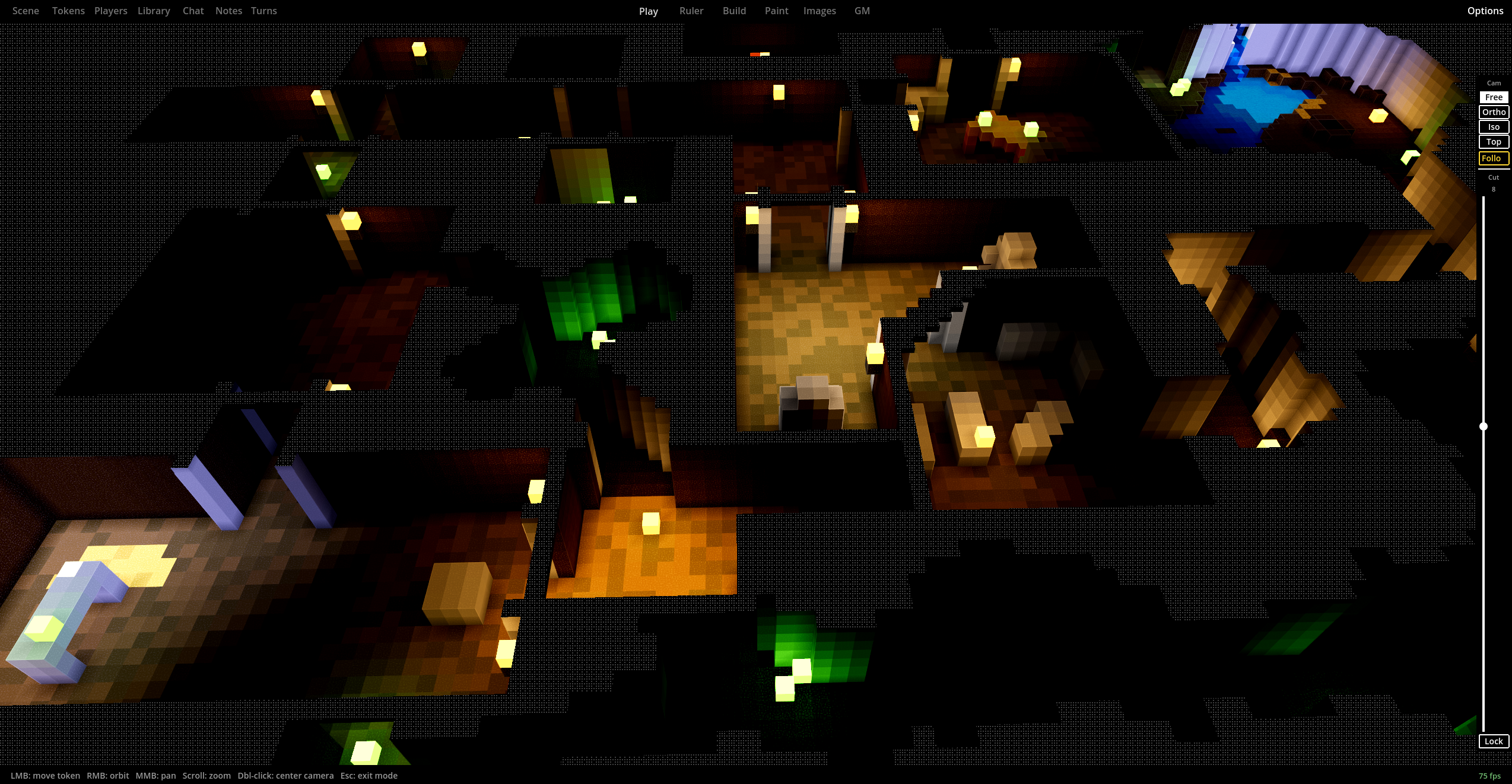 Dark dungeon scene lit only by colored emitter blocks and torches