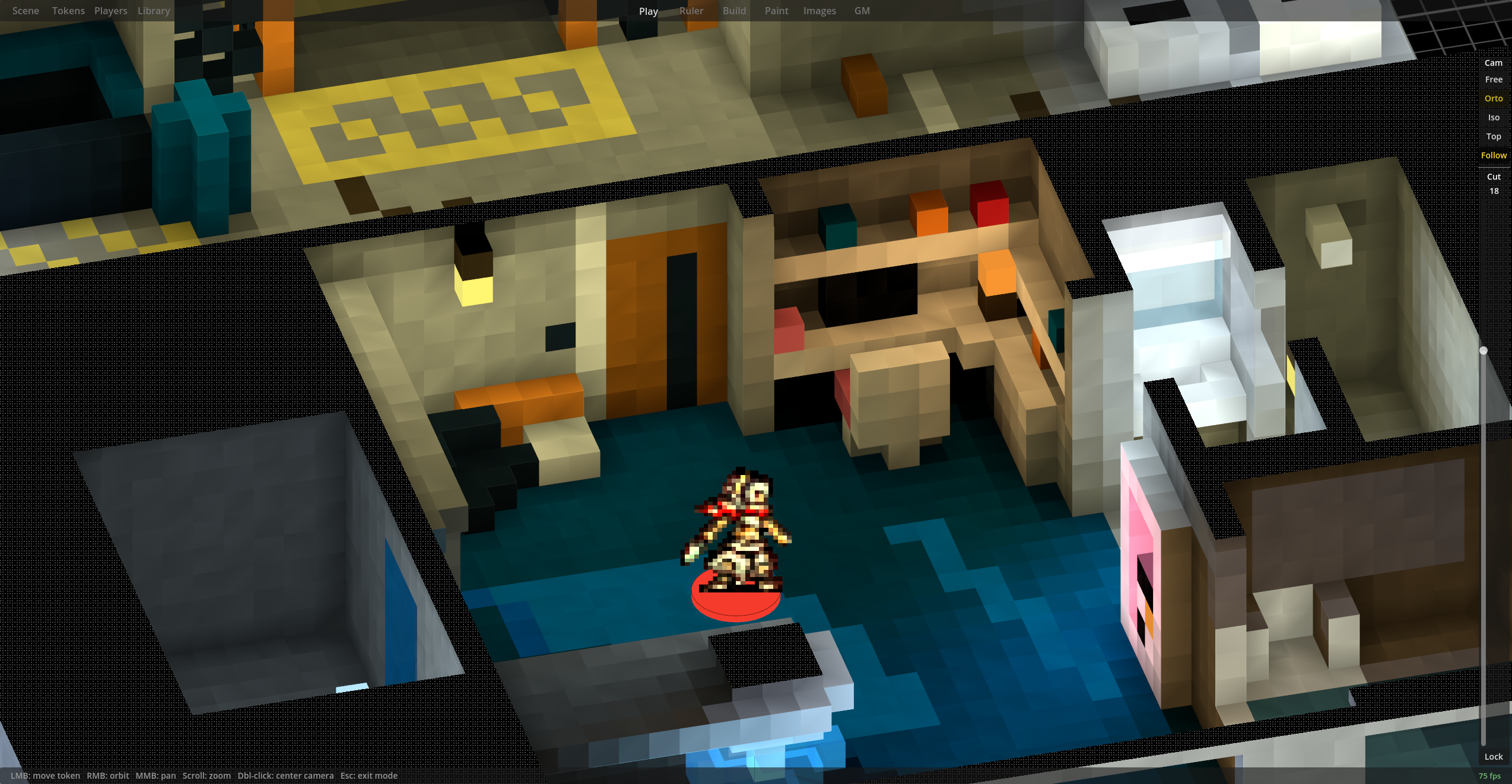 Detailed apartment interior built from voxel blocks, with a character token