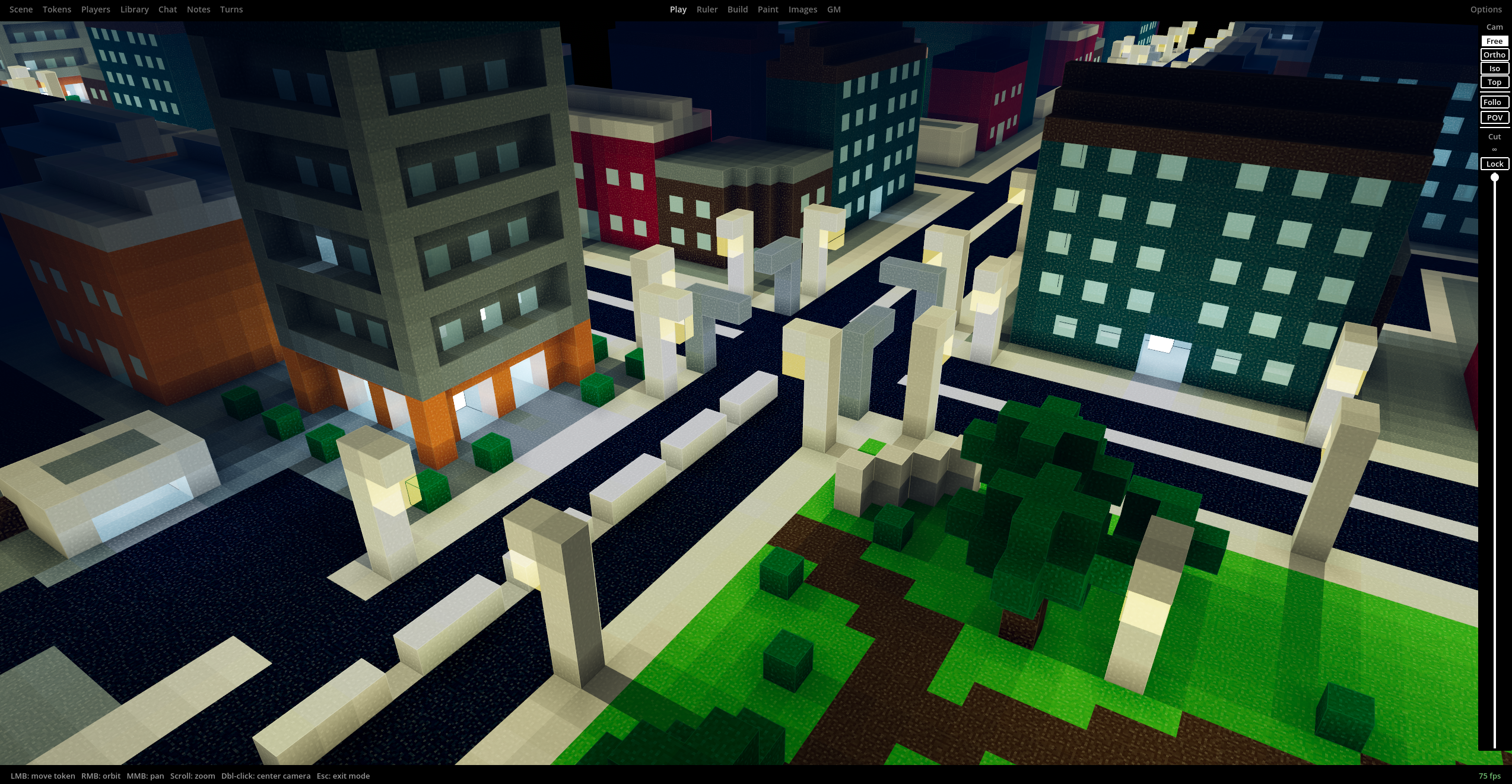 Foggy nighttime modern city block with lit windows and streetlights