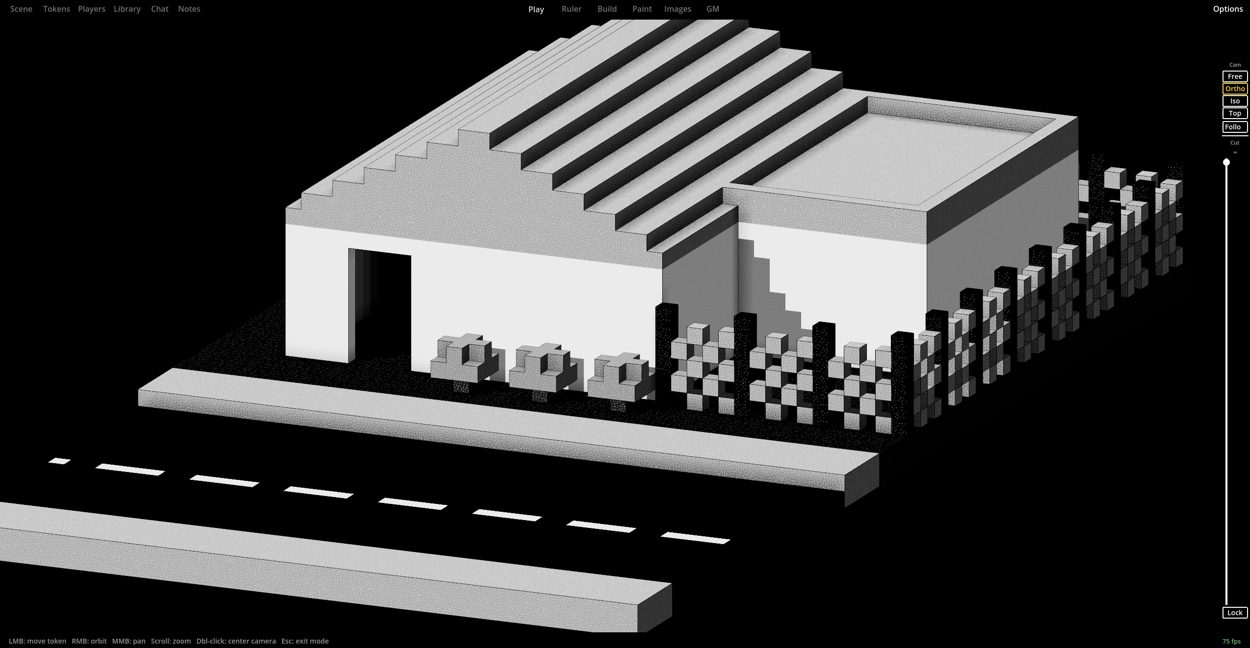 Stark black-and-white voxel roadside storefront exterior